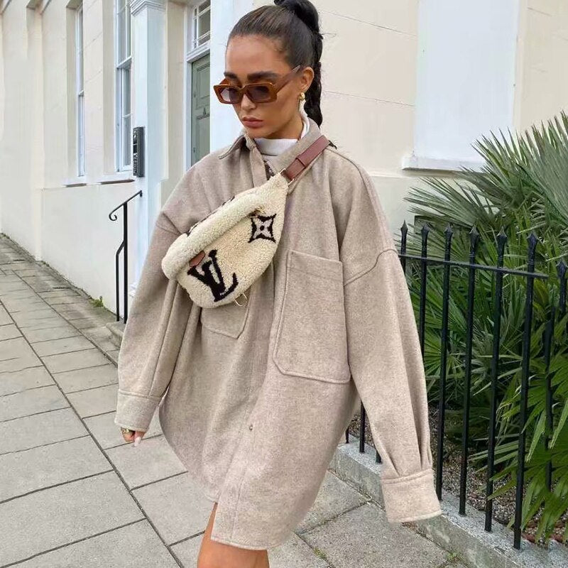 Ardm  Vintage Loose Woolen Coat Women Jacket 2022 Autumn Winter Oversize Abrigo Mujer Streetwear Pockets Overcoat Female Tops