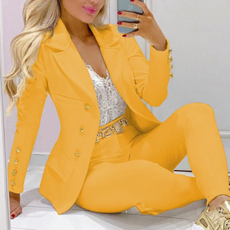 Fashion Women Commute Solid Color Outfits Elegant Chic Single-breasted Jackets And High Waist Long Pants Sets Lady 2PC Sets