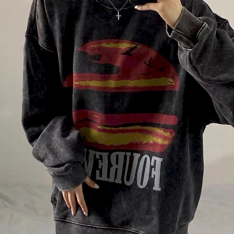 Plus Velvet Thickening Autumn Winter 2022 Sunset Sunset Print Hip-hop Street Distressed Round Neck Loose Long-sleeved Sweatshirt