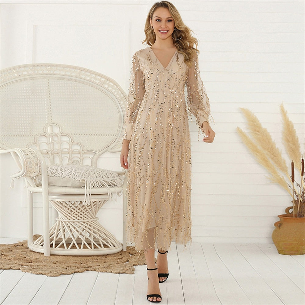 Cocktail Sequins V Neck Dress Maxi Backless Dresses for Women Full Sleeve Formal Wedding Party High-waist Long Cut Out dress