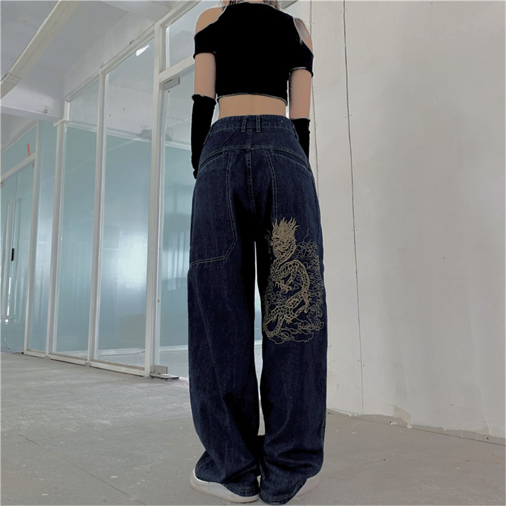 Lizakosht American retro street loose embroidered straight-leg jeans women  new casual all-match high-waist mopping wide-leg trousers