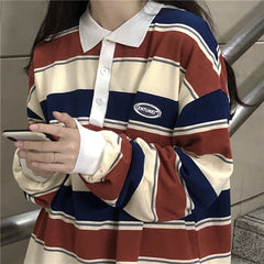 Retro ins stripe hit color wild loose polo collar pullover sweatshirt women loose Harajuku street Korean style top autumn