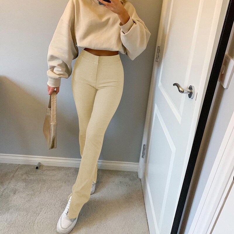 High Waist Solid Zip Up Botton Wide Leg Pants Spring jeans Women Fashion  Streetwear Casual Trousers Office Lady Sexy Slim