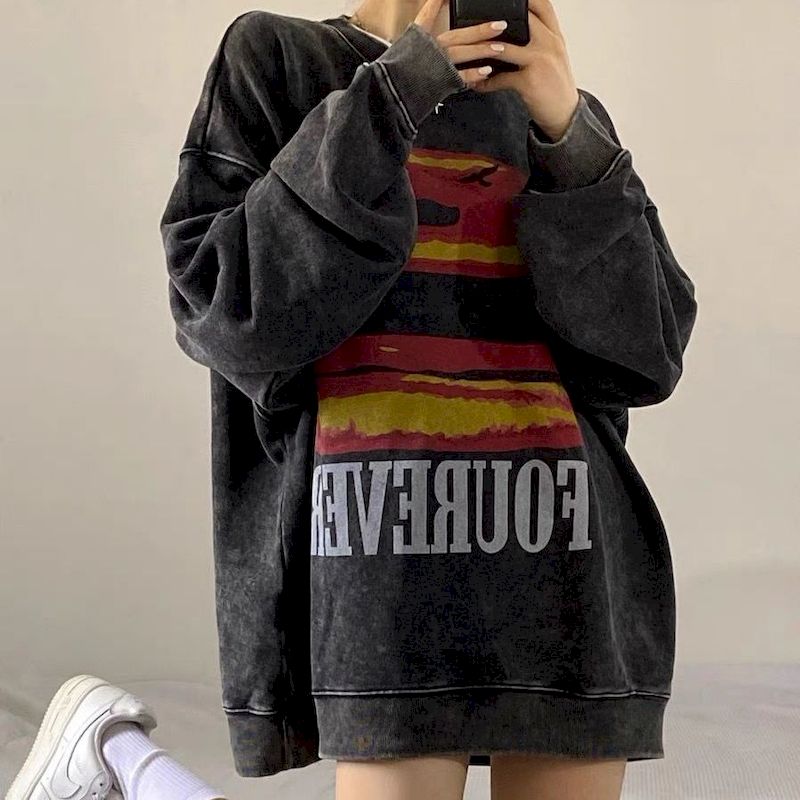 Plus Velvet Thickening Autumn Winter 2022 Sunset Sunset Print Hip-hop Street Distressed Round Neck Loose Long-sleeved Sweatshirt