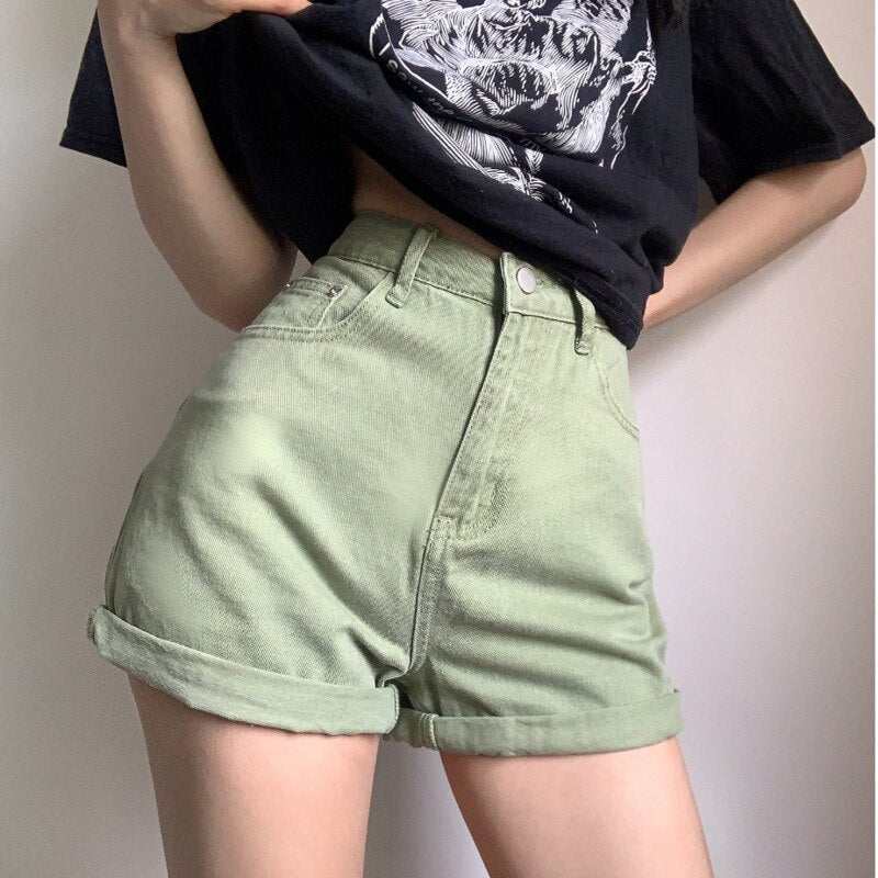 Belt High Waist Denim Shorts Looks Thin Fashion Summer Hot Sexy Korean Women Summer Boho Casual Shorts Green 9CTX