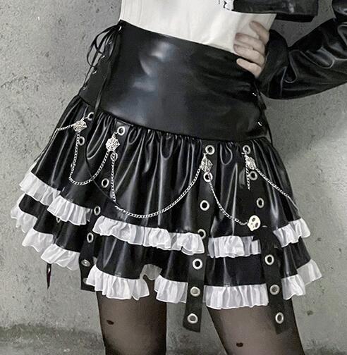 Lizakosht Spring Autumn Hot Girl Y2K Punk Harajuku Leather Skirt Lace A-line Skirt Hot Girl High Waist Gothic Punk Black Mini Skirt