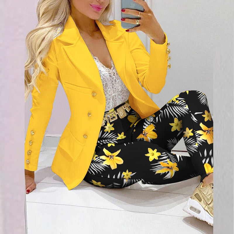 Fashion Women Commute Solid Color Outfits Elegant Chic Single-breasted Jackets And High Waist Long Pants Sets Lady 2PC Sets