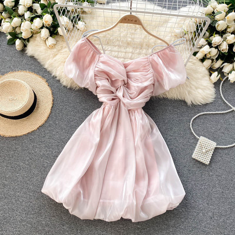 Summer Korean Fashion Elegant Party Fairy Dress Women Japanese Kawaii Sweet Bow Lace-up Mini Dress Puff Sleeve Casual Robe Femme