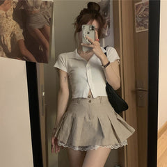 Lizakosht Grunge Fairycore Lace Double Layer Mini Skirt Button Y2K Cute Solid Pleated Skirts Elfcore Patchwork Clothes Aesthetic