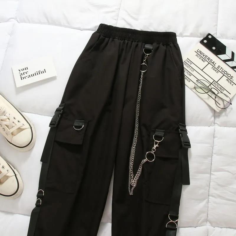 Student Cargo Pants Buckle Ribbon Pocket Jogger Elastic Waist High Streetwear Harajuku Pant Chain Females Two Piece Pants