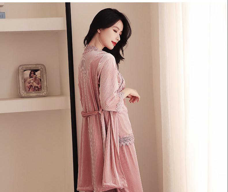 Sexy Women Lace Trim 4PCS Pijamas Suit Sleepwear Velvet Pajamas Set Intimate Lingerie Autumn Winter Loose Home Clothes Nightwear