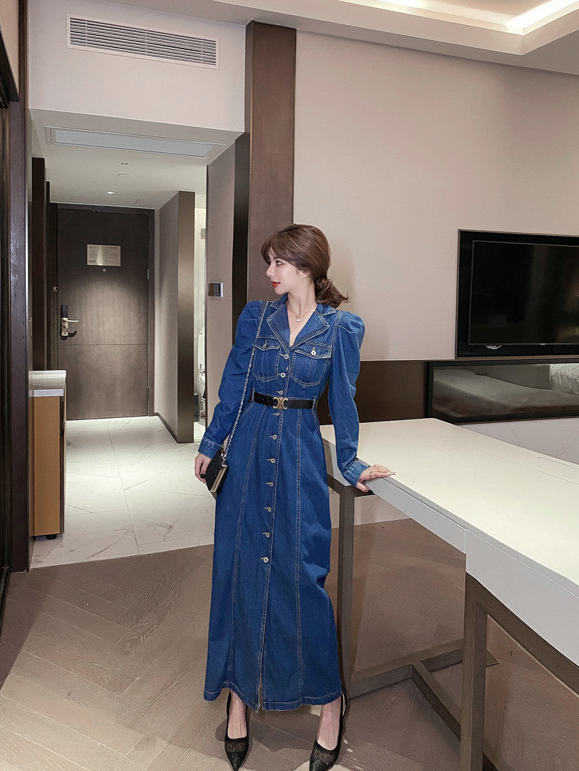 Autumn Denim Long Dress Women Casual Lapel Long Sleeve Long Cowboy Vestidos Korean Elegant Work OL Jean Dress Robe Femme