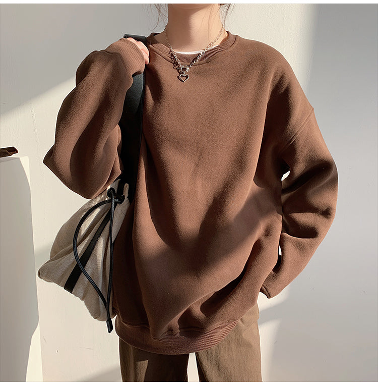 Spring Fleece Thick Sweatshirt Vintage Solid Warm O Neck Pullover Grey Brown Lady New All-match Hooded Autumn Women Coat