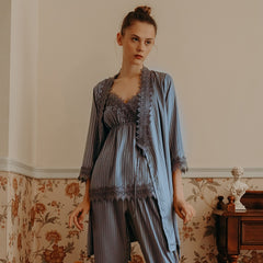 Lizakosht Women Pajamas Set Satin 4PCS Sleepwear Bathrobe Striped Nightwear With Lace Soft Intimate Lingerie Casual Homewear