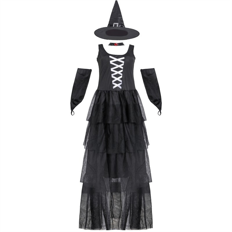 Lizakosht Adult Halloween Witch Sexy Sleeveless Costumes Black for Women Fantasy Witch Role Cosplay Carnival Party Dress Performance Skirt