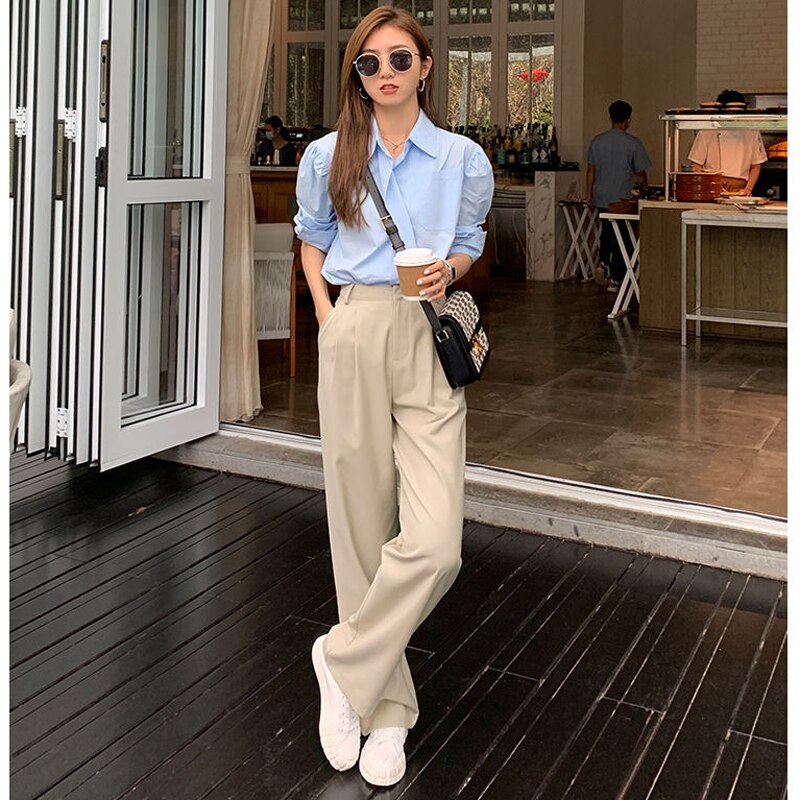 Bella Philosophy 2022 Retro Straight Wide Leg Pant Vintage Female Korean High Waist Casual Long Coffee Pant White Beige Trousers