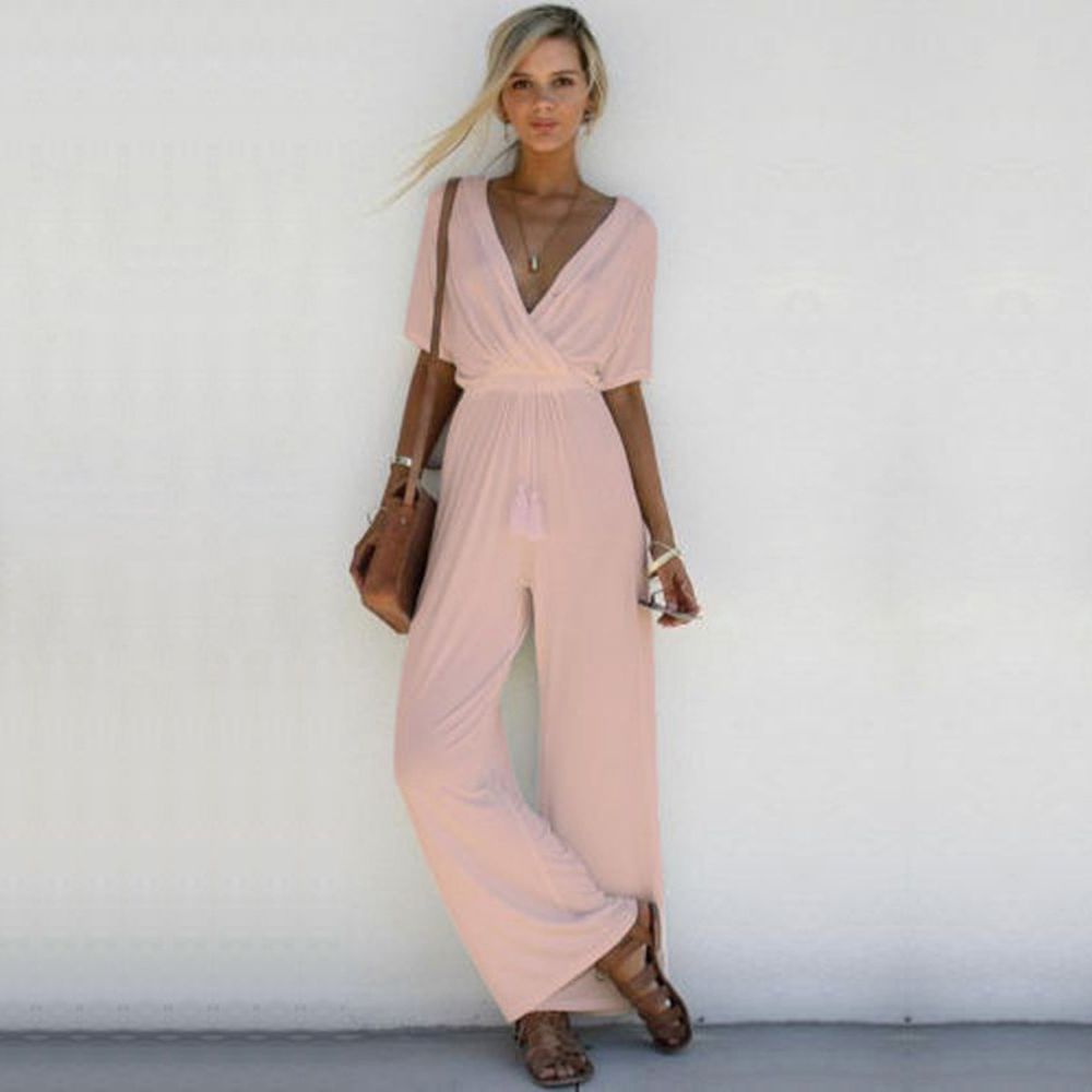 Women's Jumpsuit Sexy Cross Deep V Neck Half Sleeve Lace Up High Waist Wide Leg Pants Solid Elegant 2022 Summer Chic Jumpsuits