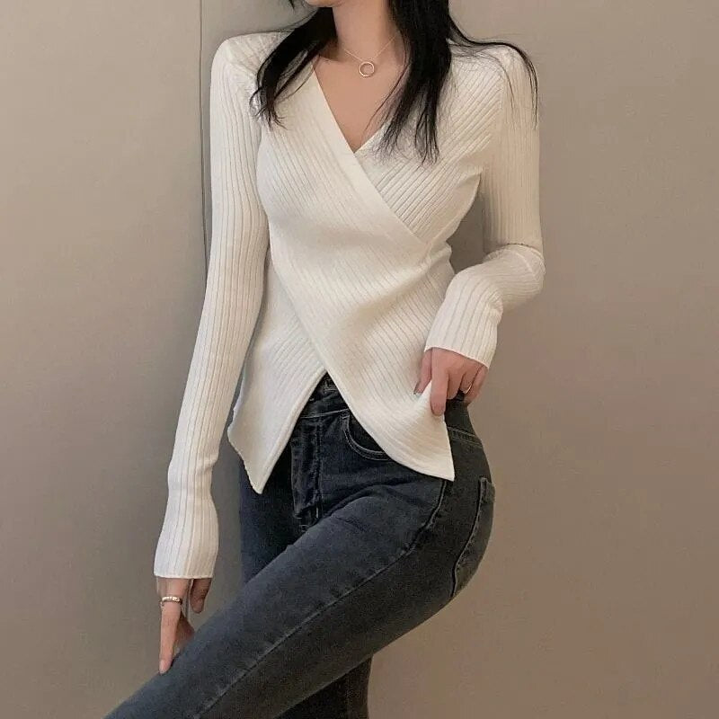 Bella 2022 new Sexy V-neck Slim Women Knit Sweater Y2k V-neck Bottoming Long Sleeve Lady Blouse All-match Autumn Pullover Tops