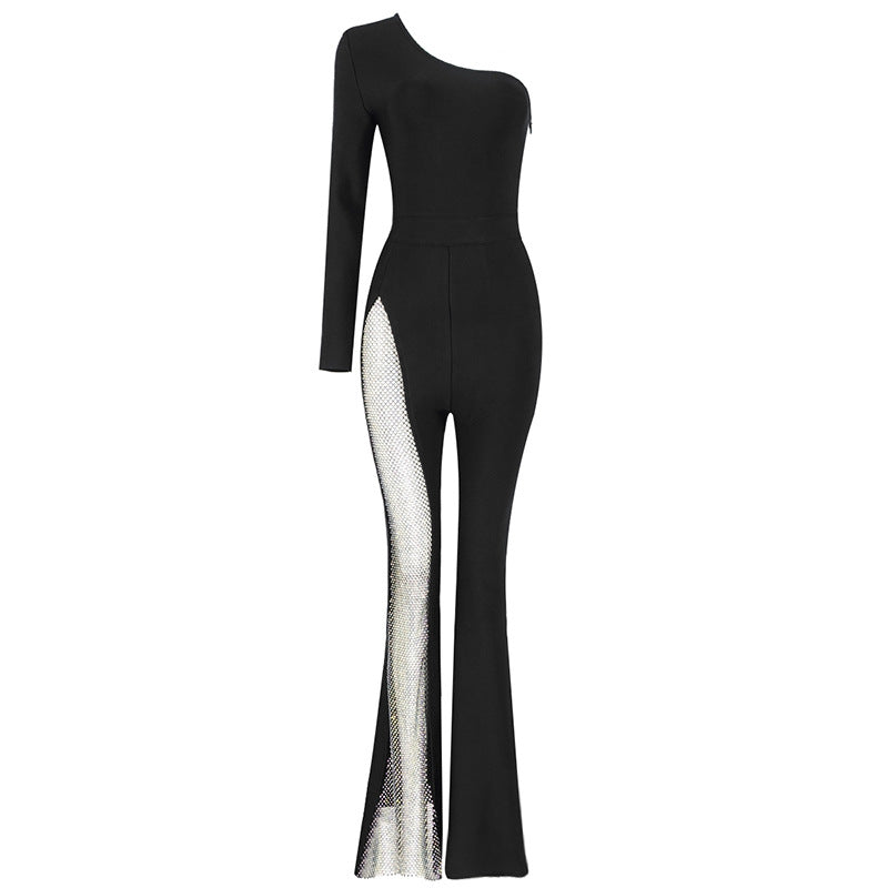 Lizakosht  NEW Mesh Diamond Bling Jumpsuit Women Black Long Sleeved Diagonal Collar Black Wide Leg Flare Pants Sexy Jumpsuits High Quality