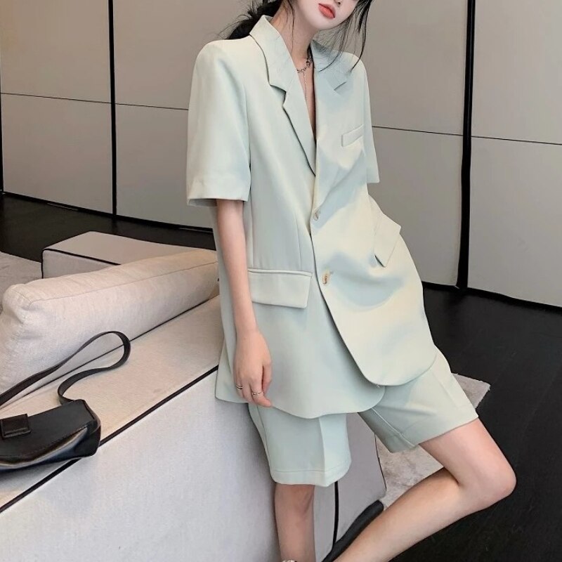 Fashion Office Lady Blazers Short Suit  2 Pieces Casual Women Summer Female Jacket Outfit Set