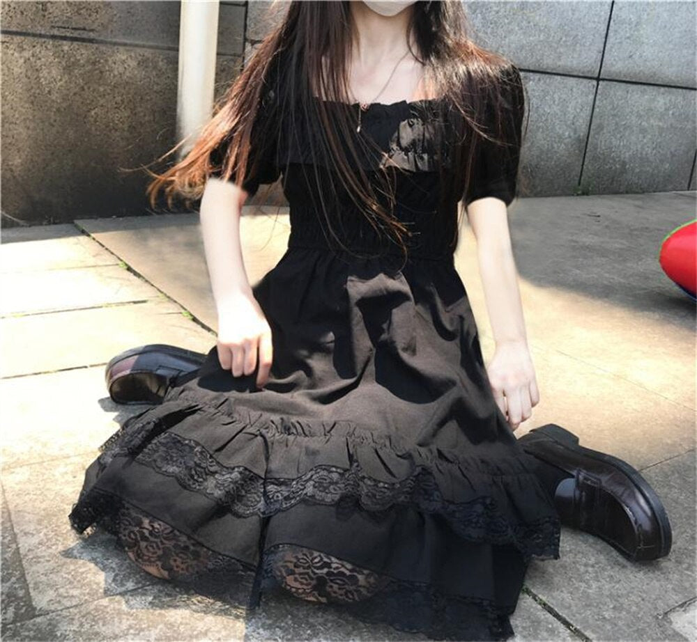 Gothic Lolita Alt Mini Dress Black Kawaii Princess Vestidos E Girl Ropa Fairycore Cute Lace Ruffles Sundress Party Dresses