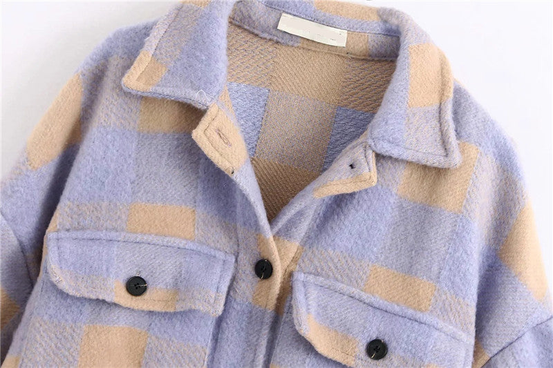 Ladies Vintage Pocket Overshirts Oversized Plaid Jacket Women Coat Long Sleeve Loose Woolen Jacket Female Outerwear Chic Tops