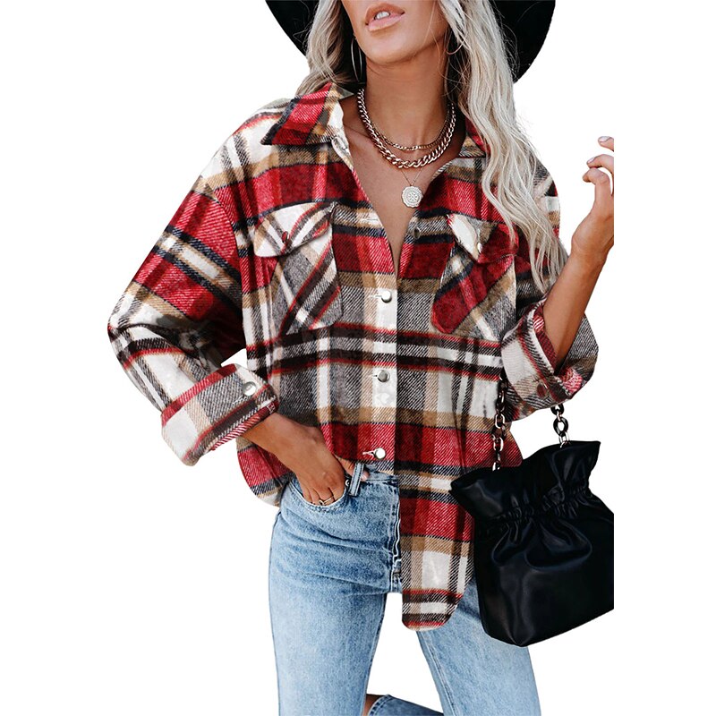 YRZS Womens Brushed Flannel Casual Jacket Plaid Lapel Button Short Pocketed Shacket Shirts Coats