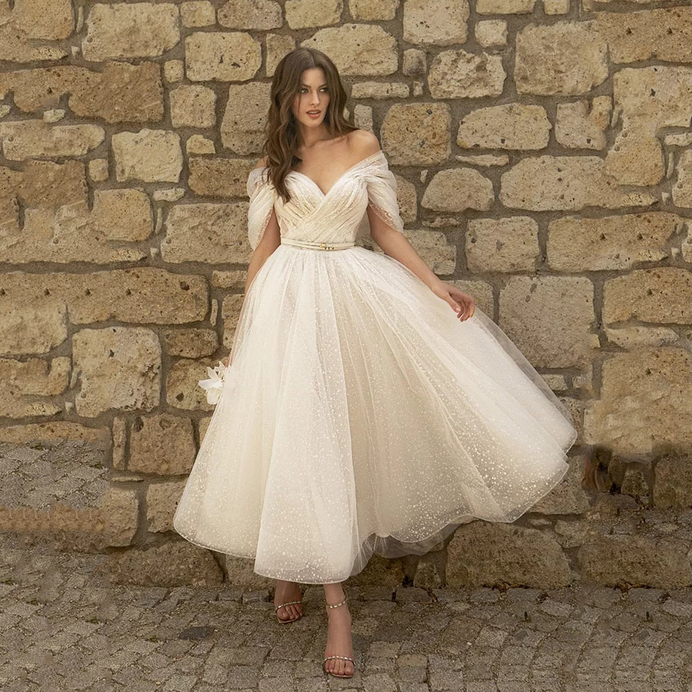 Charming Ankle Length Wedding Dress V Neck Off Shoulder Pleats Tulle A Line Bridal Gowns Vestido De Noiva