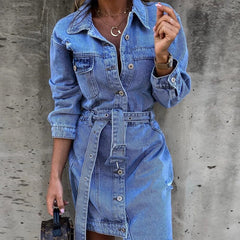 Lizakosht Vintage Washed Denim Belt Dress Rivet Long Sleeve Turn-Down Collar Button Party Dress Fashion Streetwear Autumn Winter