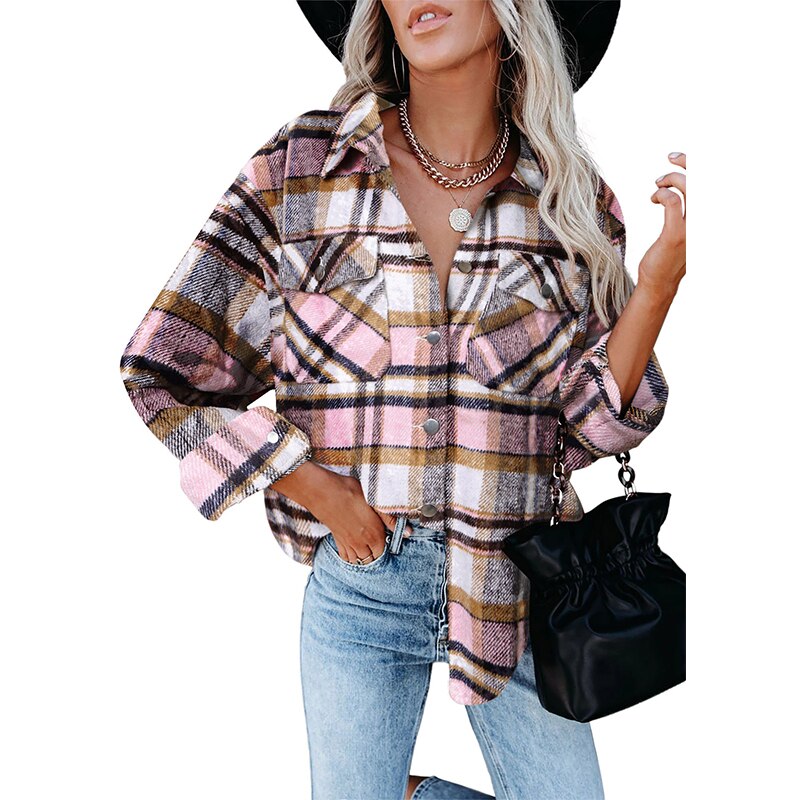 YRZS Womens Brushed Flannel Casual Jacket Plaid Lapel Button Short Pocketed Shacket Shirts Coats