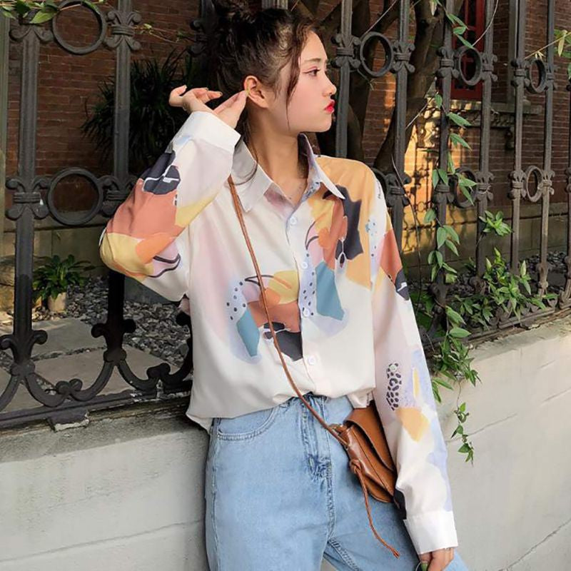 Women Retro Sunflower Print Shirt Oil Painting Print Design Blouse Girl Loose Lapel Tops and Blouses 2021  New