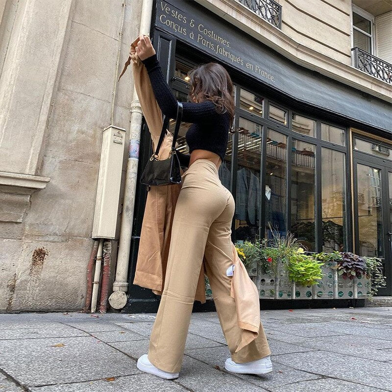 High Waist Solid Zip Up Botton Wide Leg Pants Spring jeans Women Fashion  Streetwear Casual Trousers Office Lady Sexy Slim