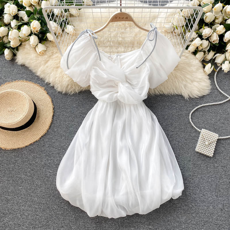 Summer Korean Fashion Elegant Party Fairy Dress Women Japanese Kawaii Sweet Bow Lace-up Mini Dress Puff Sleeve Casual Robe Femme