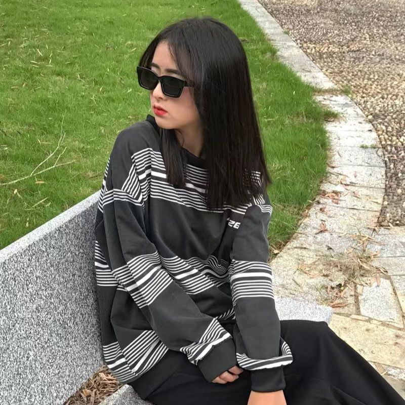 New vintage shirts unisex punk striped sweatshirt women's spring autumn aesthetic niche high street top hip hop streetwear