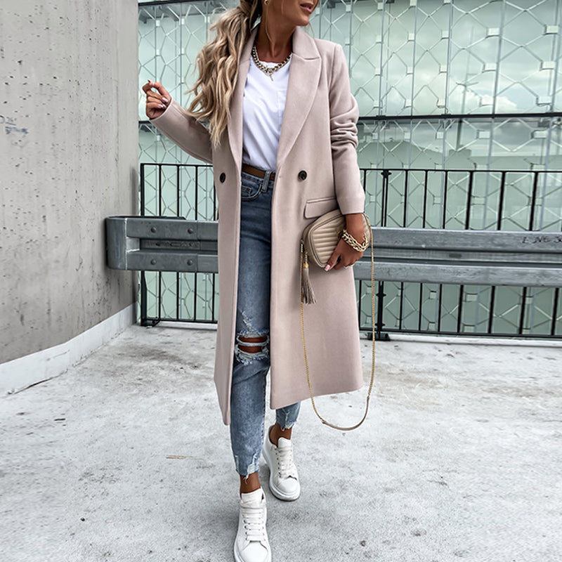 New Fashion Elegant Women Long Overcoat Autumn Winter Turn-Down Collar Woolen Coat Tops Office Lady Casual Loose Outwear