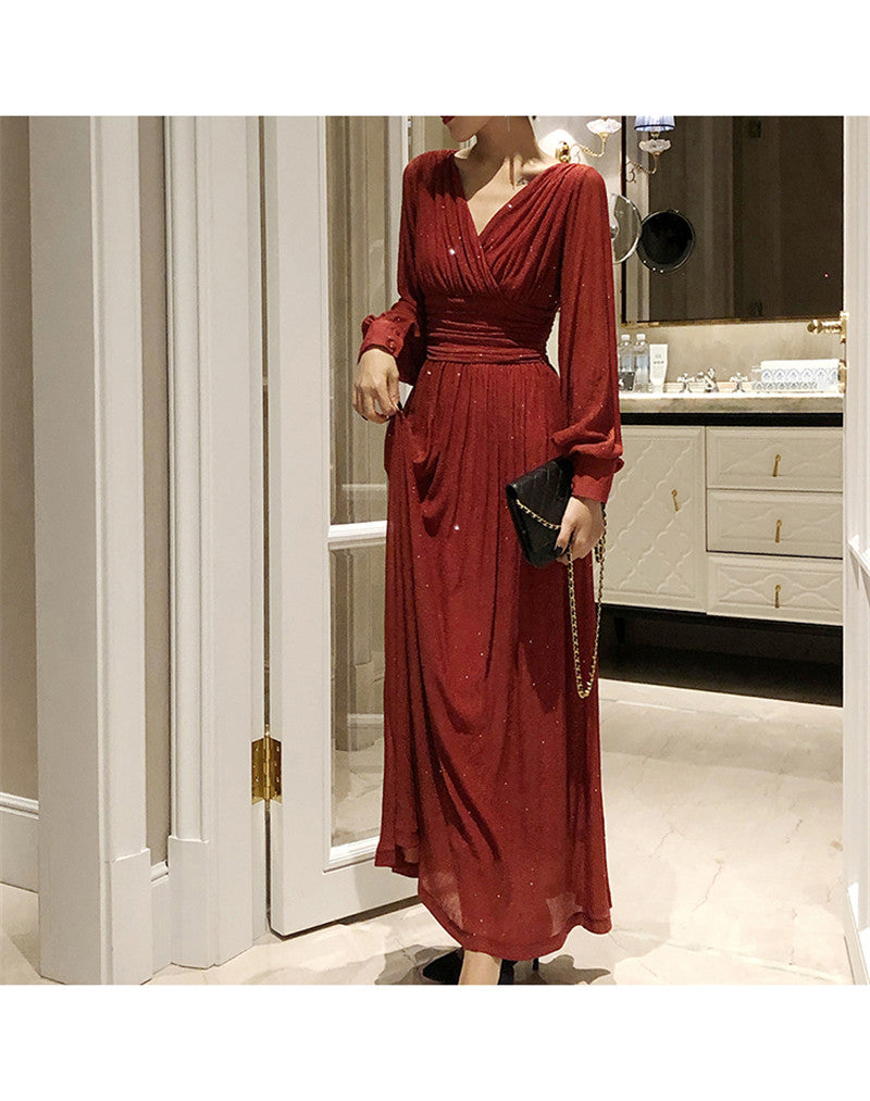 Lizakosht  Vintage Glitter Long Maxi Dress Women Spring High Waist Long Sleeve Elegant Boho Dress Shiny Party Dress Plus Size Sexy A872