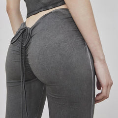 New Y2K Low Waist Flare Pants Women Drawstring Ruched uffed sexy Long Trousers Elastic Casual Streetwear Fashion Bandage Bottom