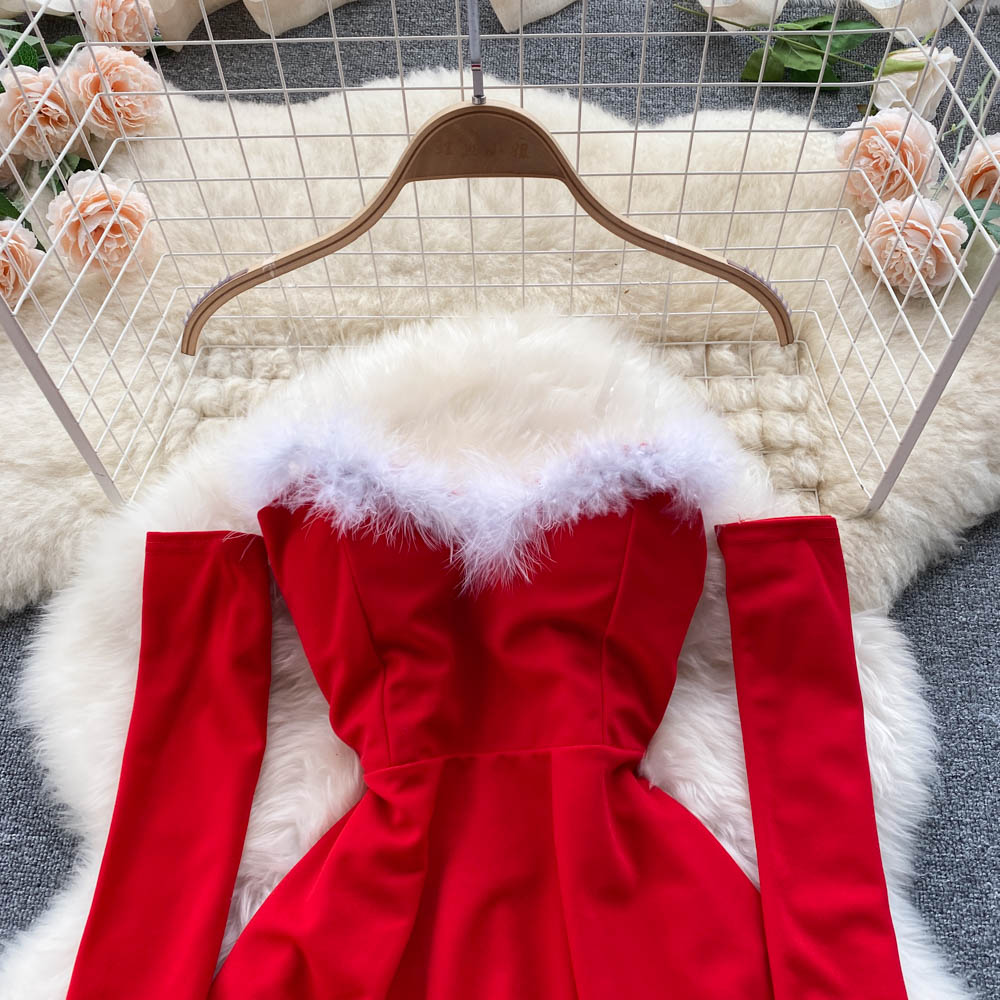 Women Elegant Dress For New Year 2022 Strapless Backless Furry Sexy Short Mini Christmas Dress Navidad Red Party Dress Femme