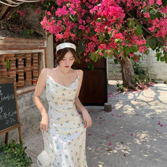 NEW Summer French Vintage Floral Dress Women Sdesign Sleeveless Elegant Midi Dress Korean Style Evening Party Dress Females