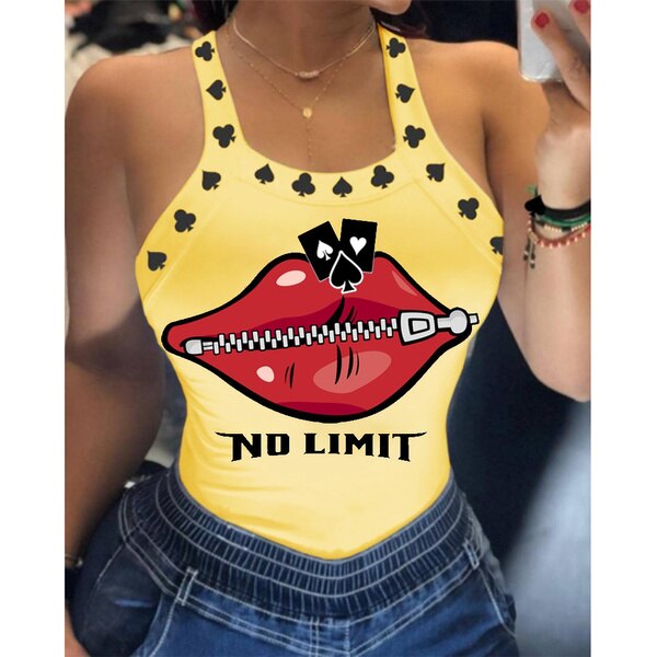 Summer Ladies Harajuku Shirts Slim Fit Polyester Sleeveless Top Tshirts Tank Tops Women U Neck Letter Print Lips Vest