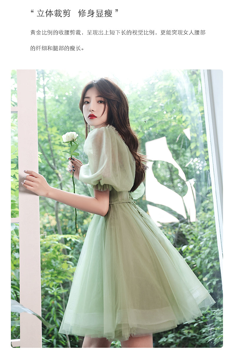Green short sweat puff sleeve lady girl women princess bridesmaid banquet party ball prom dress gown free shipping