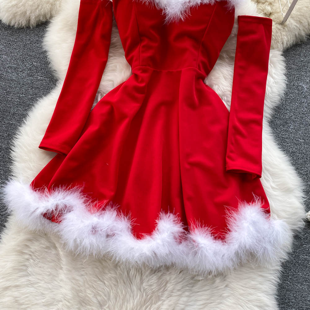 Women Elegant Dress For New Year 2022 Strapless Backless Furry Sexy Short Mini Christmas Dress Navidad Red Party Dress Femme