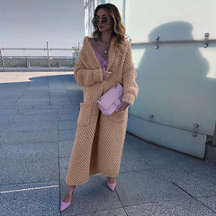 Lizakosht Autumn and Winter Casual New Ladies Fashion Knitted Cardigan Solid Color Lapel Full Pocket Loose Hooded Long Coat Female Sweater