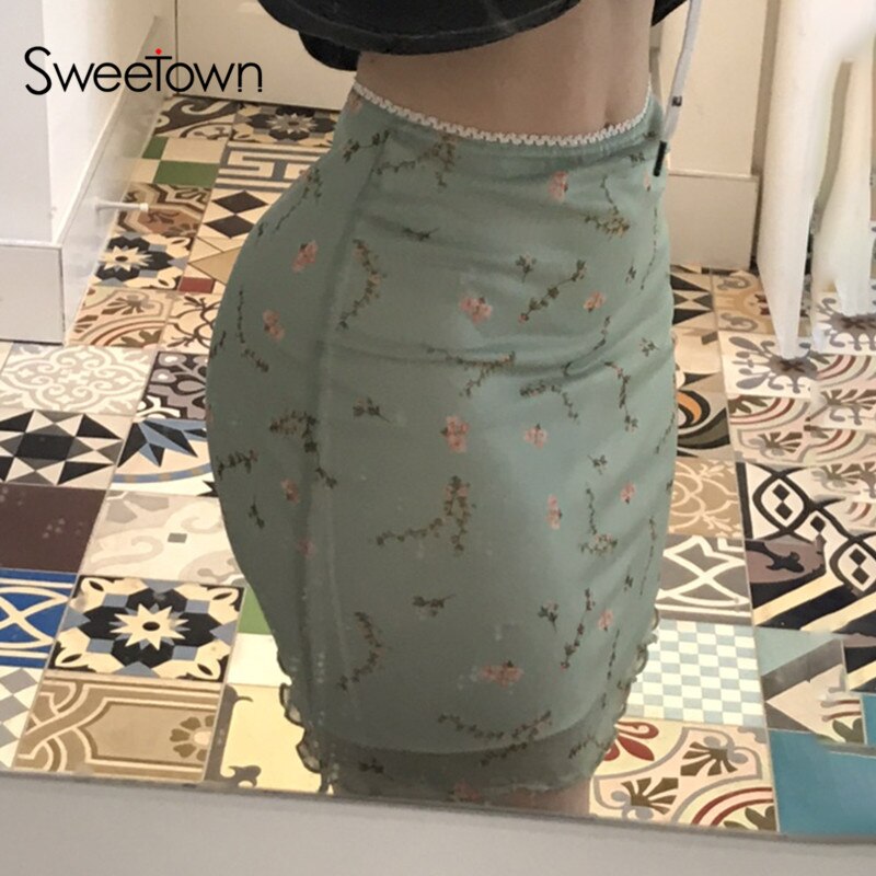 Lizakosht 2000s Aesthetic Cute Mni Skirts Womens Double Layer Mesh Flower Print Kawaii Clothes Low Waist Slim Sexy Summer Skirt