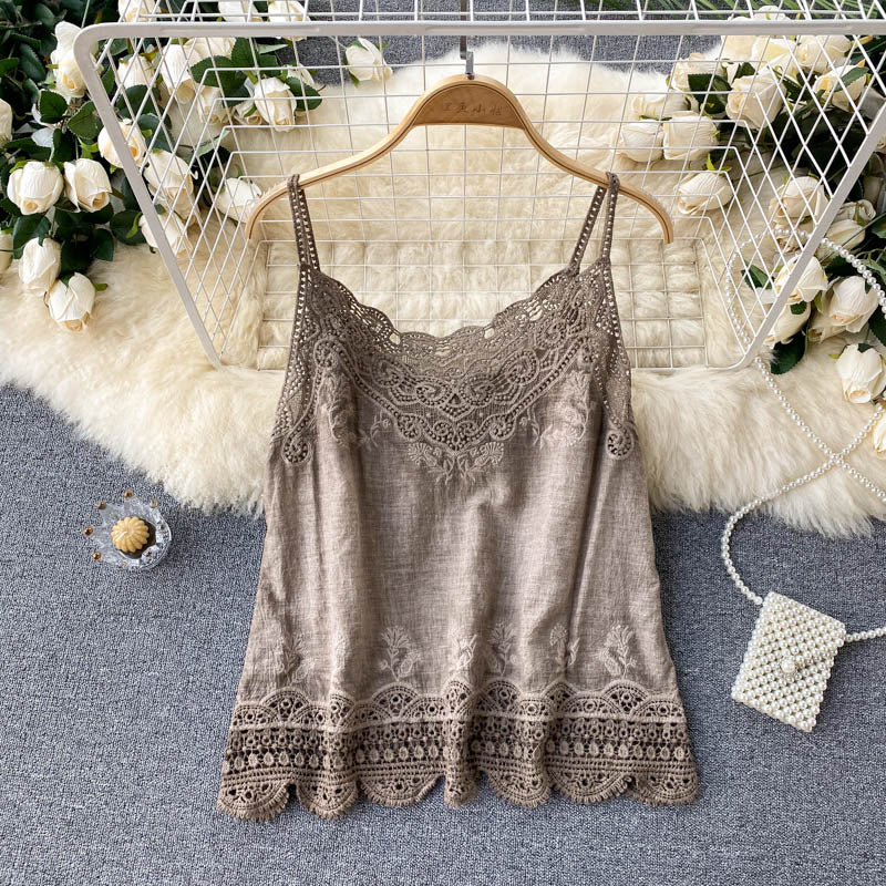 Summer New Style Retro Bohemian Embroidery Lace Square Collar Age Reduction All-match Camisole Female Sweet Blouse Women KK520