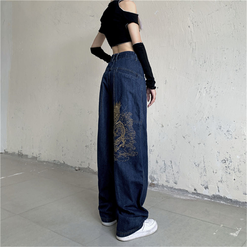 Lizakosht American retro street loose embroidered straight-leg jeans women  new casual all-match high-waist mopping wide-leg trousers