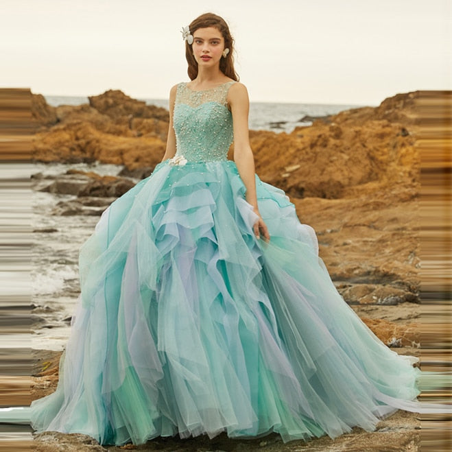 O-neck Prom Dress Layered Lush Organza Ball Gown Evening Dress Sequins Applique Princess Dresses Custom Made Wedding Dress Women