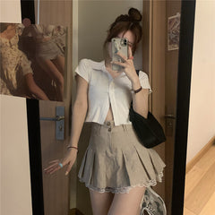 Lizakosht Grunge Fairycore Lace Double Layer Mini Skirt Button Y2K Cute Solid Pleated Skirts Elfcore Patchwork Clothes Aesthetic