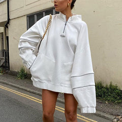 Drop-shoulder White Women Sweatshirts Streetwear Half High Collar Long Sleeve Pullover Female Loose 2022 Autumn Pocket Top Woman