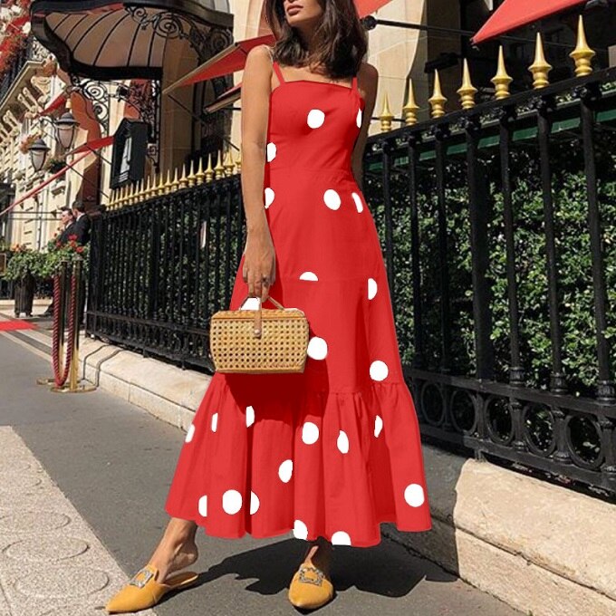 Women Vintage Off Shoulder Sleeveless Boho Long Dress New Polka Dot Print Strap Party Dress Summer Beach Sundress Ruffle Dresses